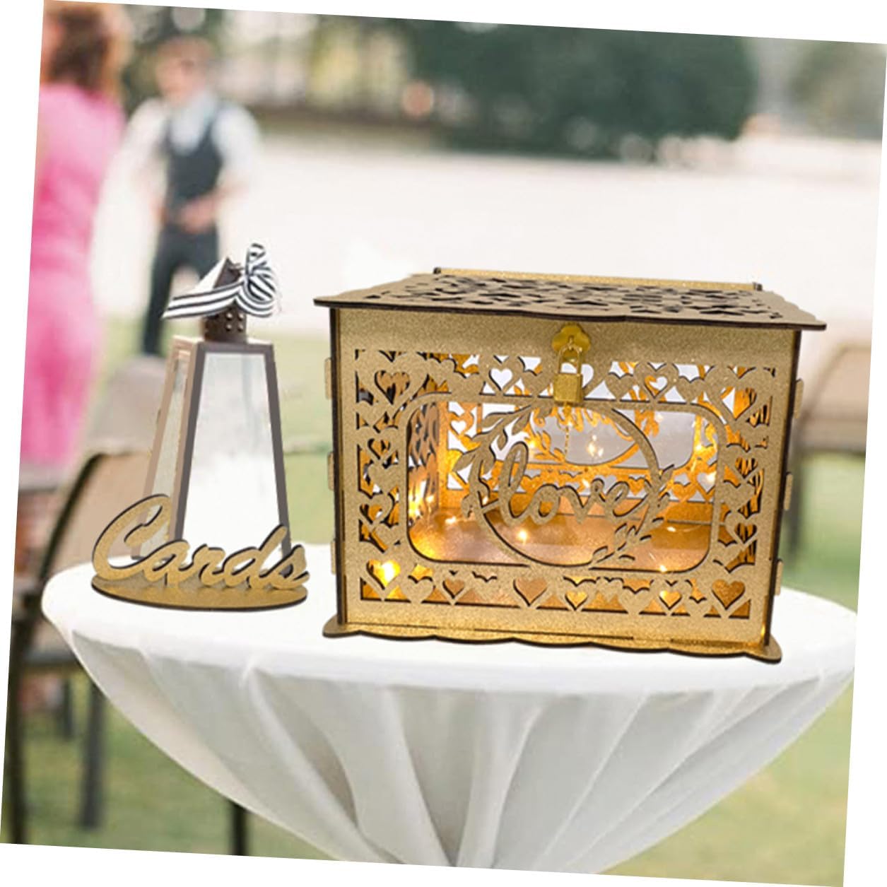 Wooden Hollow Wedding Card Box with Glitter for Birthday Anniversary Blessing Card Storage, Hollow Design Wood Envelope Holder for Event Party Decorations