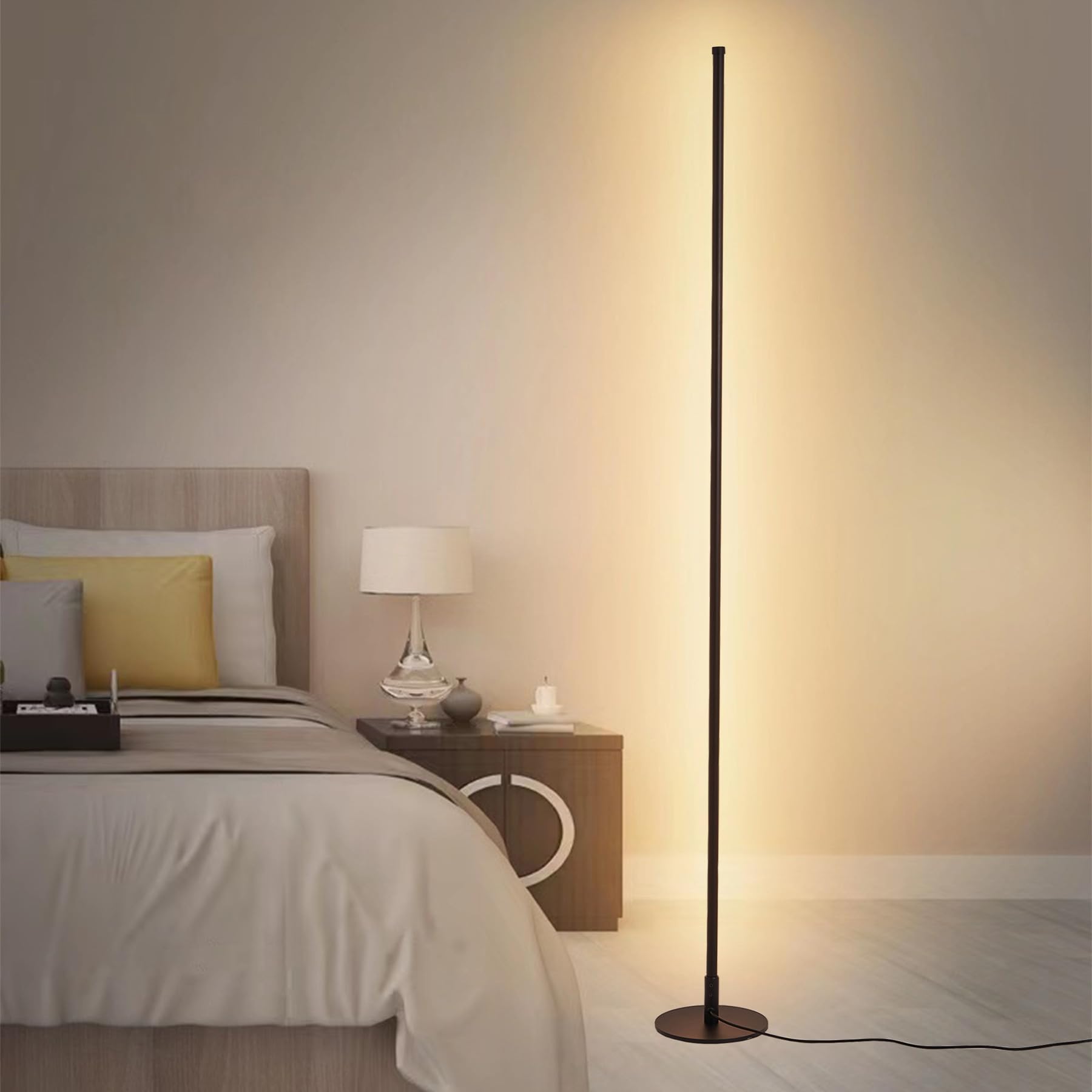 Modern Corner Floor Lamp 55 Inch Tall LED Ambient Lighting Living Room with 3CCT and Foot Switch Controls - Black Metal Corner Light Bar for Contemporary Decor - Floor Lamps for Living Room