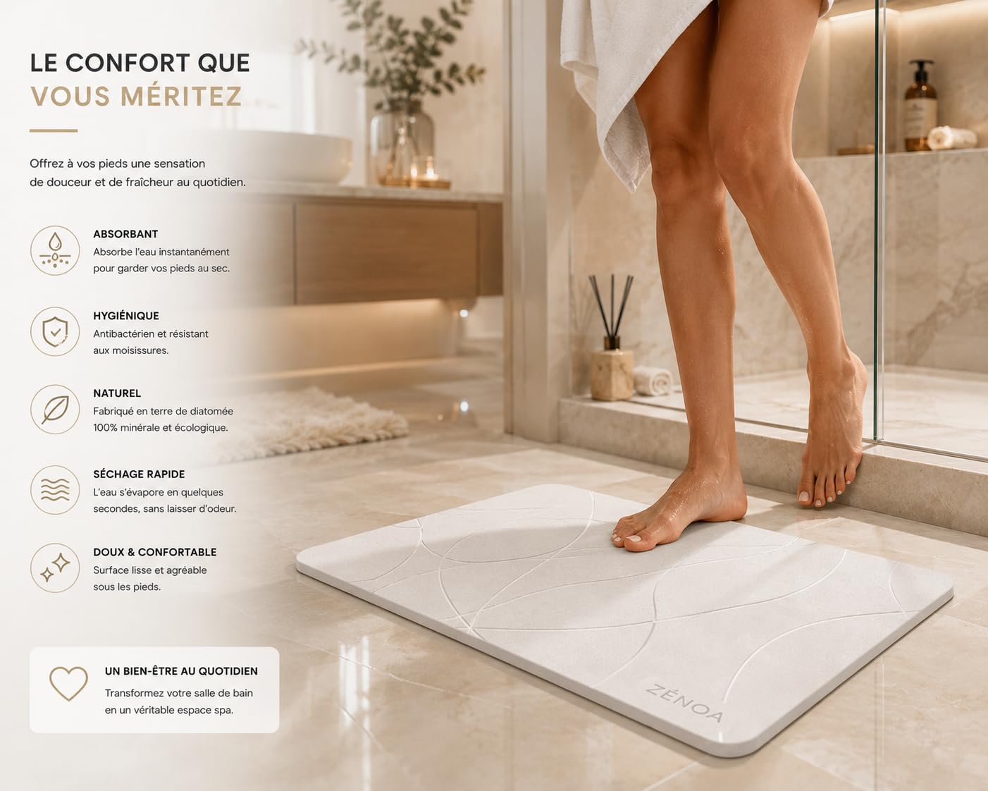 Tapis de Bain en diatomite 60 x 39 cm - Séchage instantané, antidérapant, Surface minérale Ultra absorbante - Blanc & Gris Ligne
