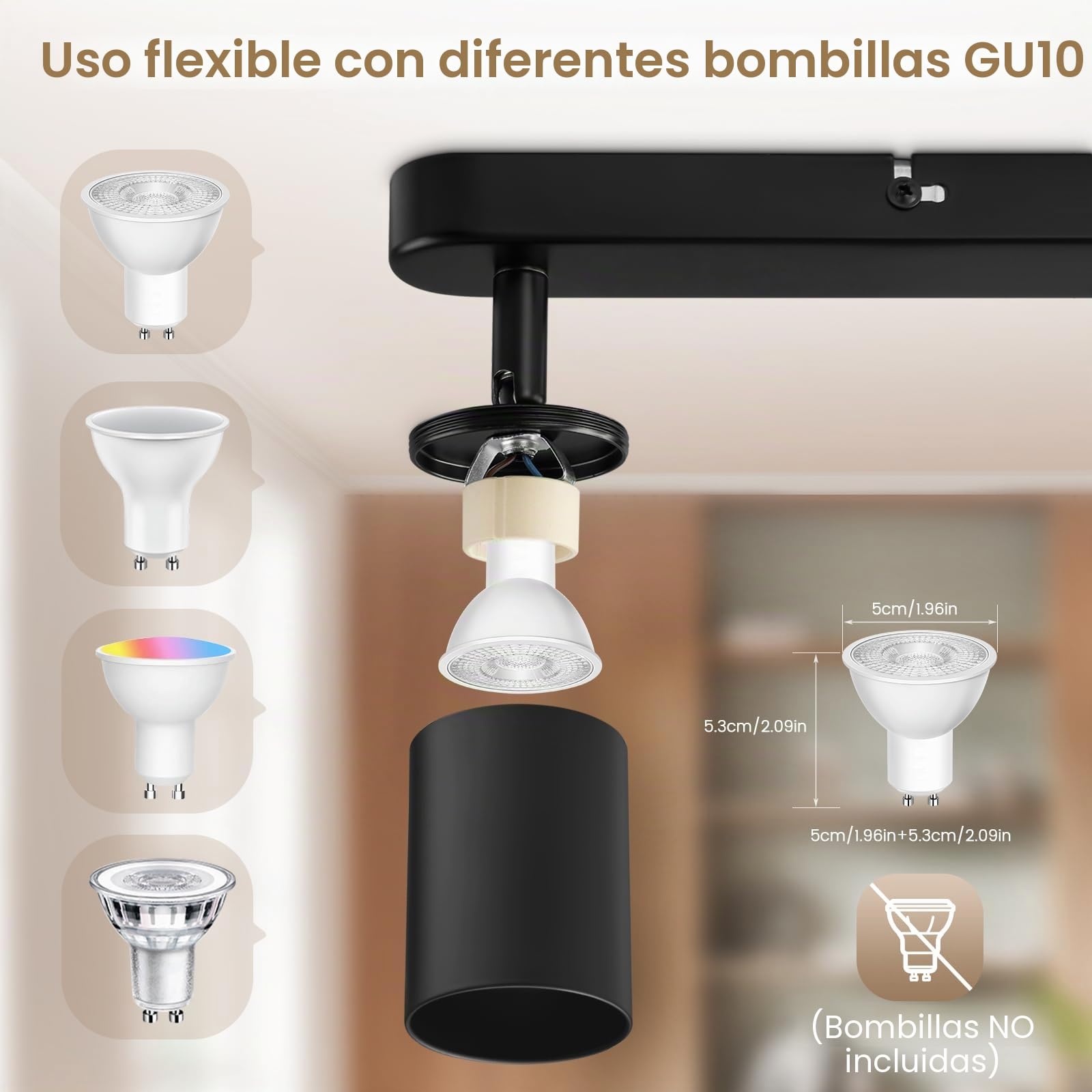 Focos Techo, GU10 Lámpara de Techo con 4 Focos, Lámpara de Pared Interior LED Negro Orientables, Modernas Focos para el Techo para Salon, Dormitorio, Cocina, Pasillo, Sin Bombilla