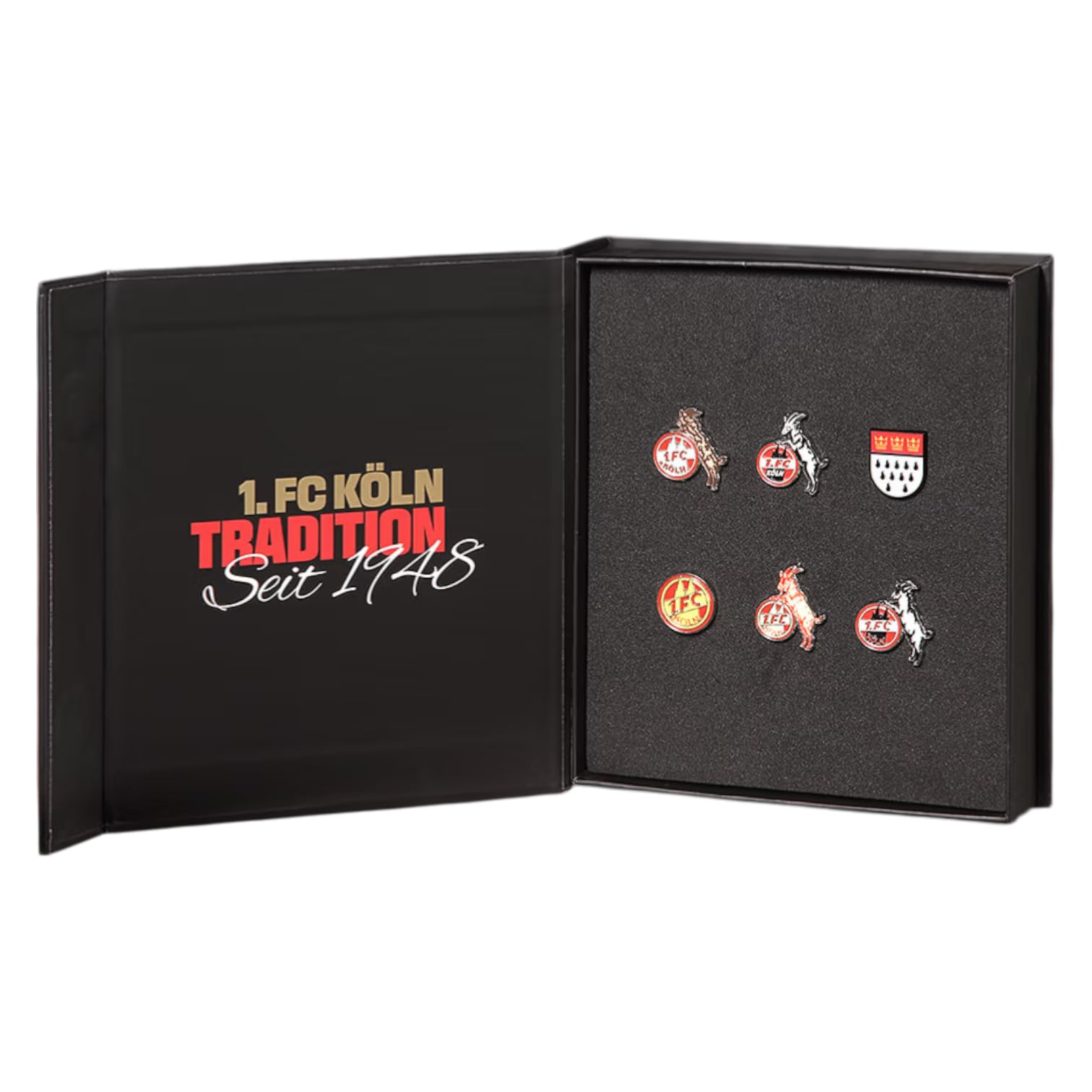 1. FC Köln Pin Box Retro Logos | 6 Ansteckpins aus Metall | schwarze Präsentationsbox