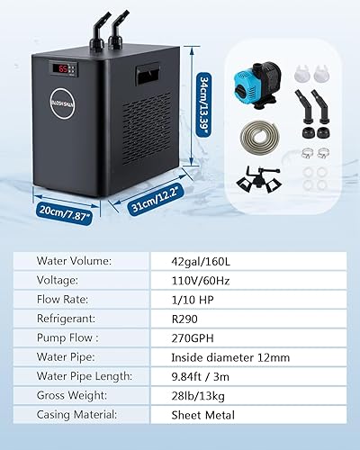 Miniatura 6 de BAOSHISHAN Enfriador de acuario 42gal 110 HP enfriador de agua para sistema hidropónico con compresor Refrigeración Diseño especial silencioso para