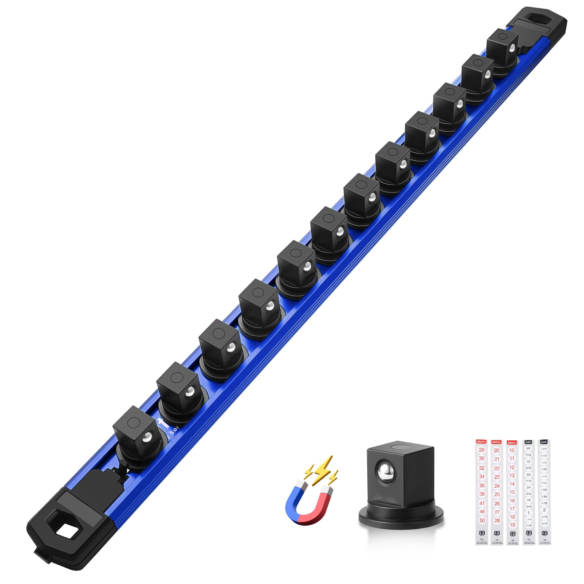 Reniteco Magnetic Socket Organizer, 1/2” Aluminum Alloy Rail, 12 Clips