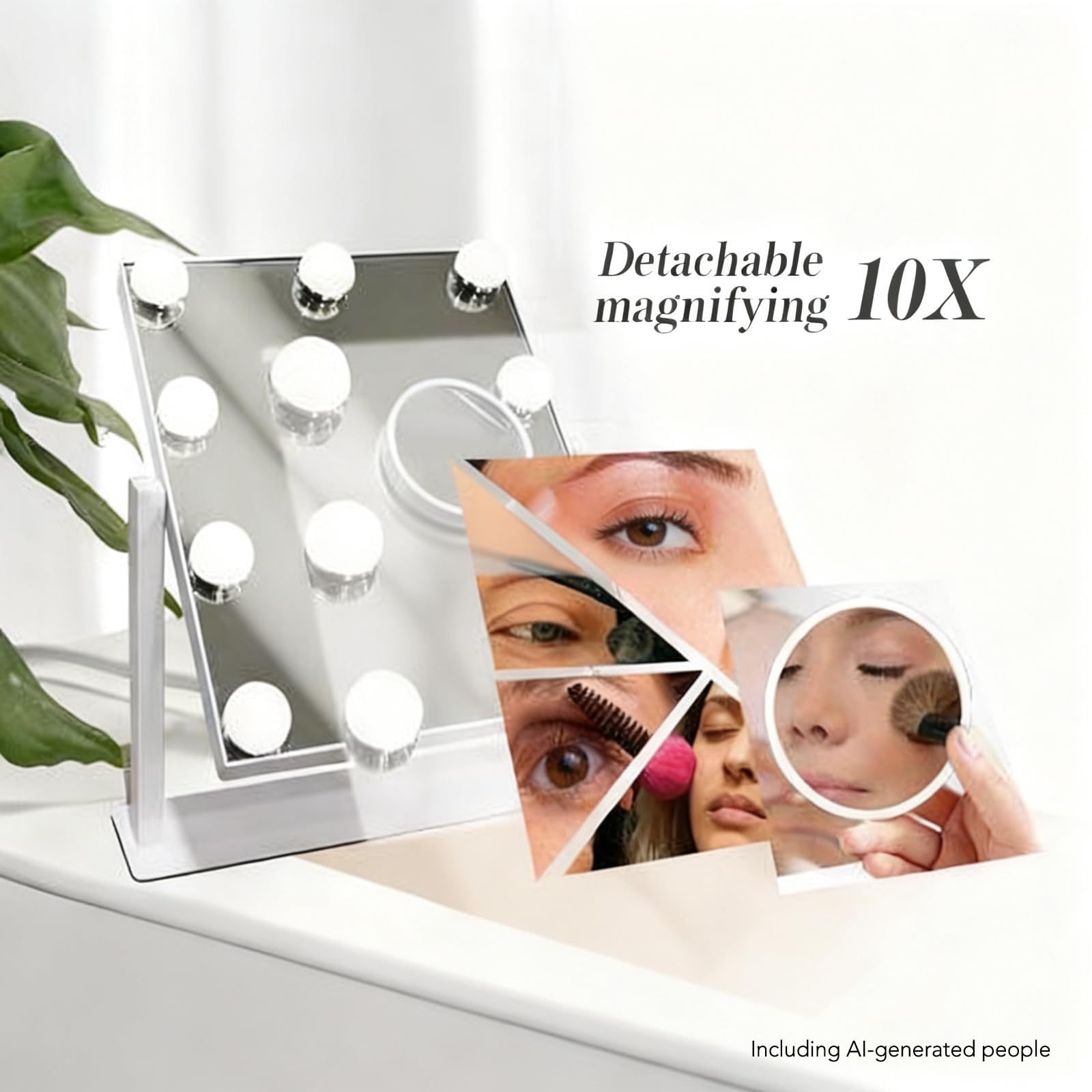 Specchio cosmetico Hollywood con luci, 9 lampadine LED dimmerabili, specchio per il trucco con specchio rimovibile con ingrandimento 10x, ricaricabile da 1200 mAh, luci a 3 colori, regalo per donne