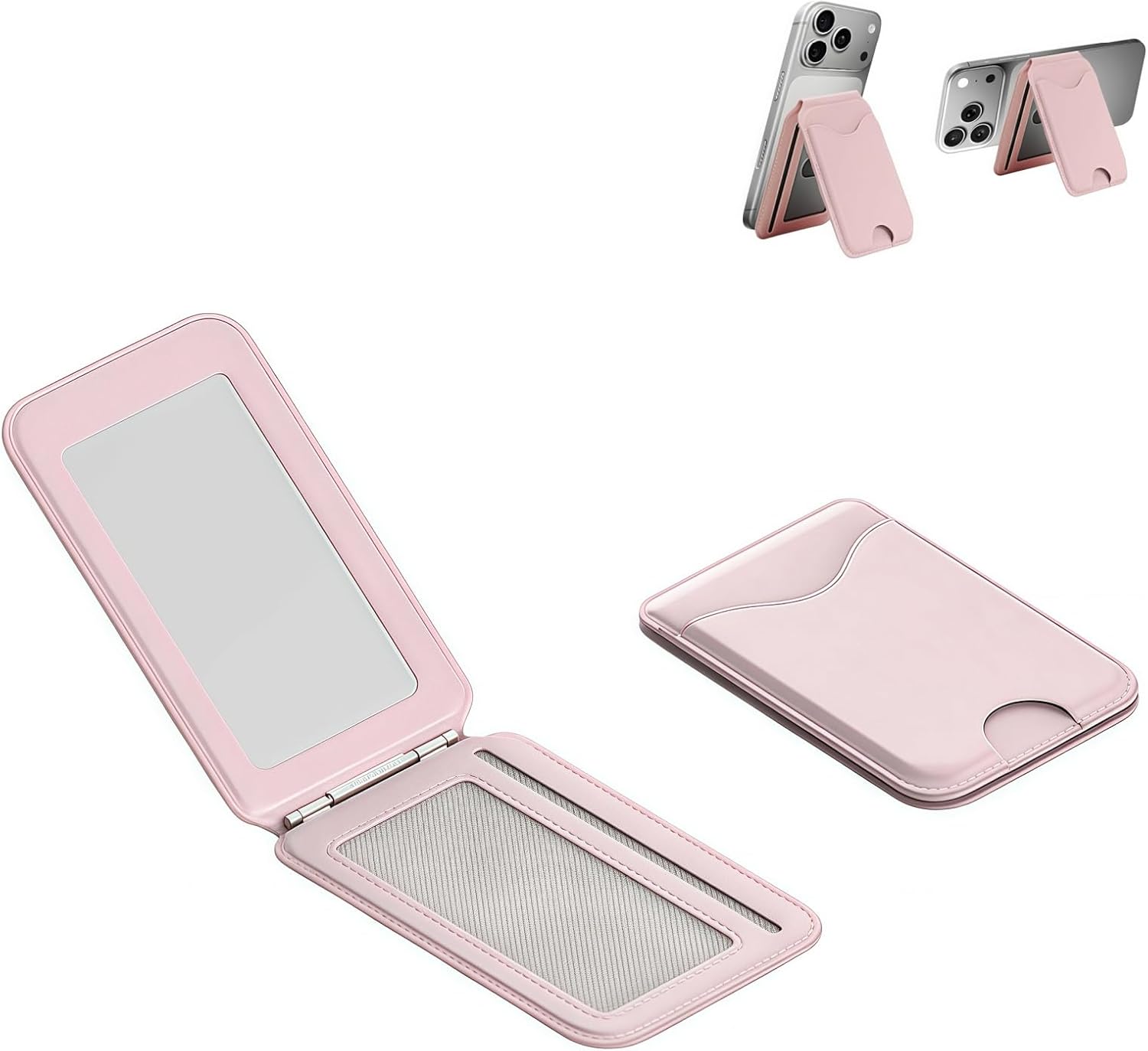Upgraded for Magsafe Wallet, Strong Magnetic Phone Wallet with Adjustable Stand, Built in Makeup Mirror, 5 Card Holder, RFID Blocking (Pink Fold)