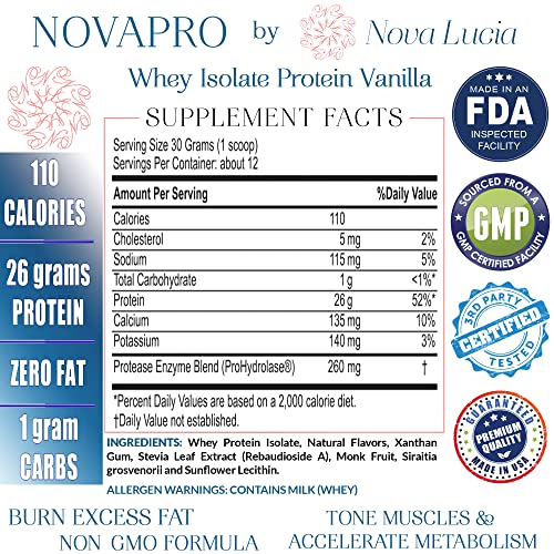 Nova Lucia Vanilla Whey Isolate Protein Powder With Prohydrolase, Keto, Gluten & Lactose Free, Low Cholesterol Meal Replacement Supplement, Sweetened By Stevia For Women & Men 14.82 Oz #TOP2