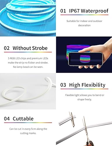 Miniatura 6 de Tira de luces LED de neón de 26 pies, tira de luces RGB con control remoto RF y aplicación, flexible IP67 impermeable al aire libre, sincronización