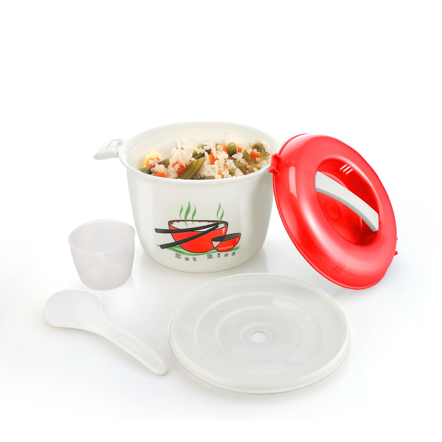 Nayasa Microwave Safe Rice Cooker with Lid | 3000 ML | With Rice Spoon And Measuring Cup | Food Grade | BPA Free | Easy To Handle| Red
