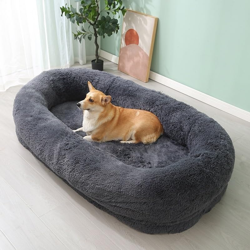 GUOIOOI Extra Large Human Dog Bed Fluffy Bed for Human-Ultimate Comfort soft Fluffy Beanbag Bed with Waterproof Washable Faux Fur for Giant Dogs and adults(Dark Gray,100x70x30cm)