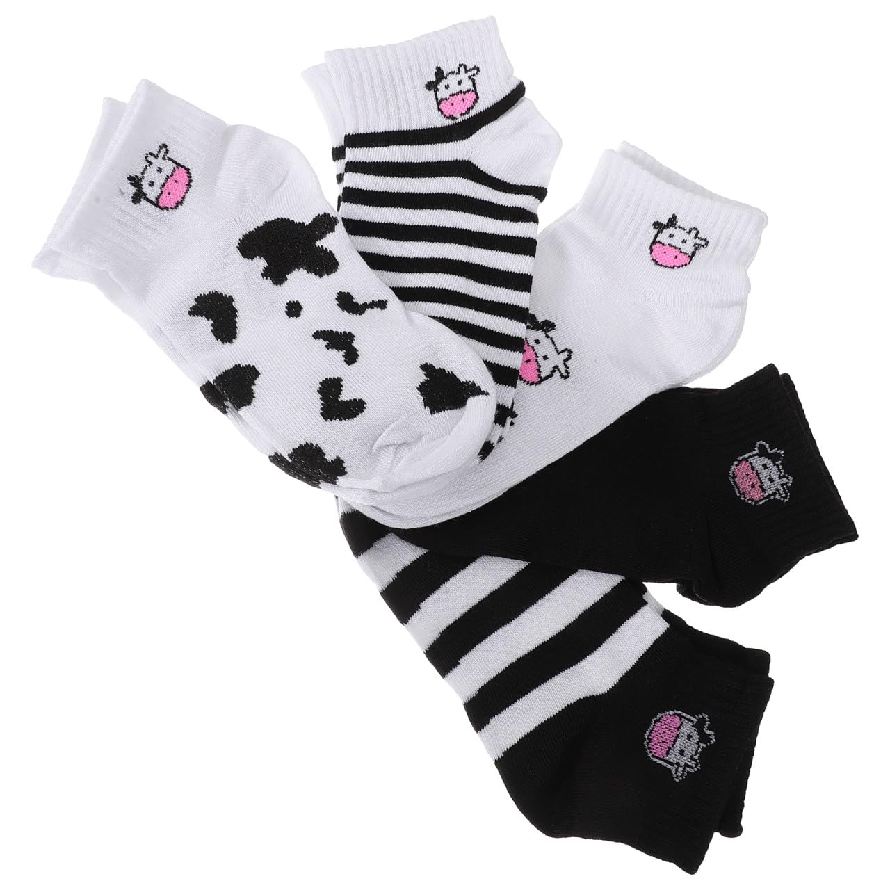 Calcetines de Vaca de Dibujos Animados Cortos Algodón 5 Pares Negro Blanco | Fiesta Verano, Calcetines Tobilleros Niña, Calcetines Estampado Animal para Teens y Kids