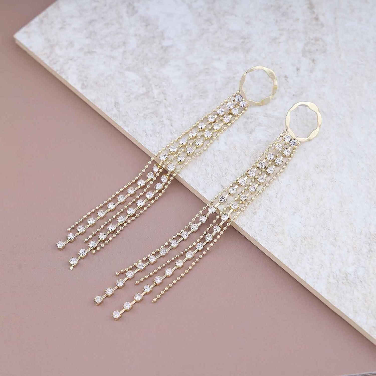 Vintage Long Rhinestone Tassel Earrings Crystal Chandelier Dangle Earrings Gold Circle Stud Earrings Cz Chain Drop Earrings Jewelry for Women - Image 3