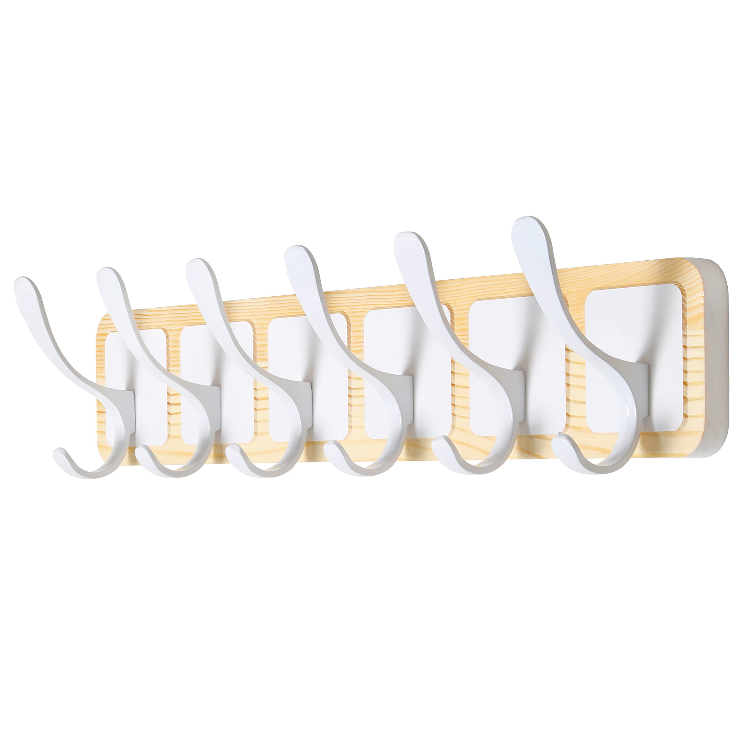 Scandi-Style Wooden Carved-Block Coat Hook & Hanger - Wall Mount with 6 Hooks for Clothing & Accessories, Natural & White
