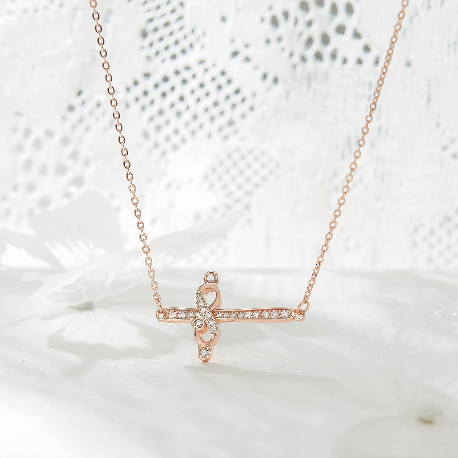 FANZE Cross 925 Sterling Silver Cubic Zirconia Necklace for Women with Chain Toggle Clasp Pendant First Communion Gifts Faith Hope Believe Pendant Necklace Religious Jewelry