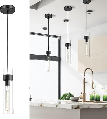 Miniatura 19 de Paquete de 3 luces colgantes negras para isla de cocina (bombillas incluidas), lámpara colgante de cristal moderna ajustable sobre la isla, lámparas