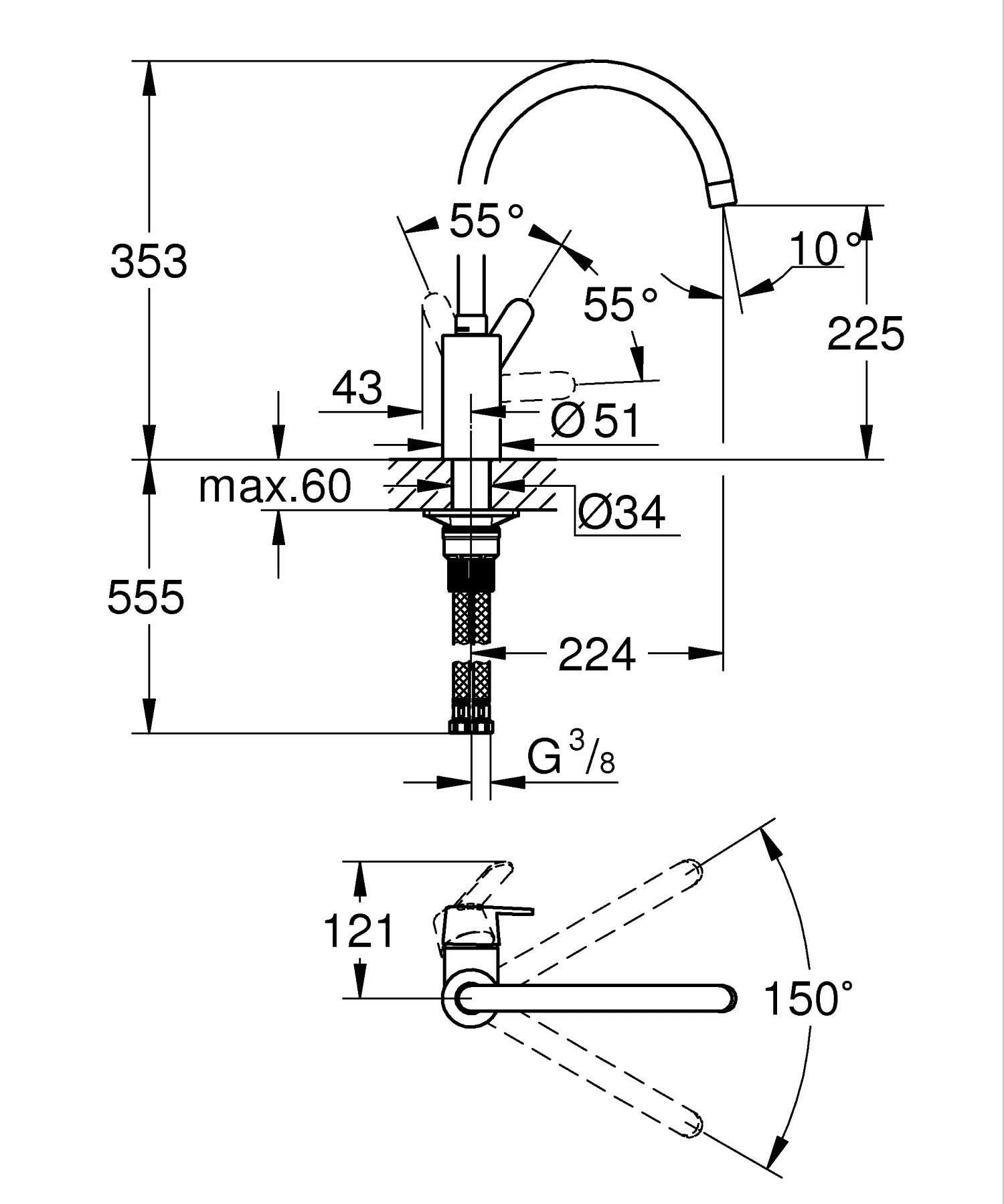 GROHE Get – Grifo de cocina monomando (caño alto en C 353 mm, ángulo de giro ajustable, cartucho cerámico 35 mm, conexiones 3/8", fácil instalación con QuickMount), Negro Mate, 314942431