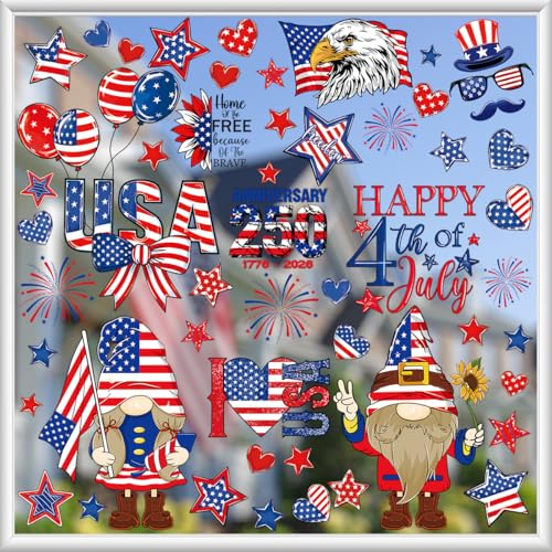 Image of 119PCS 4th of July Window Clings for Glass Windows, USA 250th Independence Day Decorations, Patriotic Static Cling Window Stickers Reusable for Home Office Party Decor, Red White Blue Window Decals