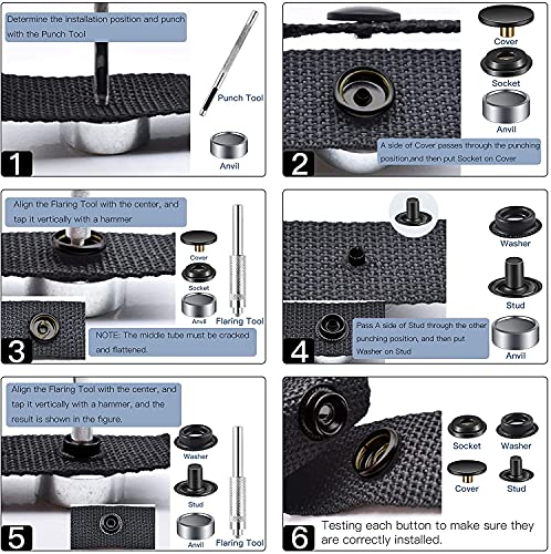 200Pieces (50Sets) 15Mm Snap Fastener Kit Tool Snap Button Kit Snaps For Leather Snap Fasteners Kit For Leather Marine Grade Stainless Steel Snaps Button For Canvas Bag, Jeans, Clothes, Fabric (Black) #TOP4