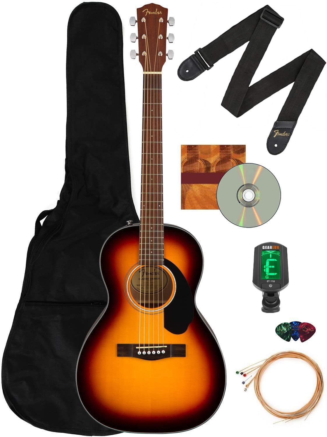 Fender CP-60S Solid Top Parlor Size Acoustic Guitar Bundle with Gig Bag, Tuner, Strap, Strings, Picks, Fender Play Online Lessons, and Austin Bazaar Instructional DVD - Sunburst