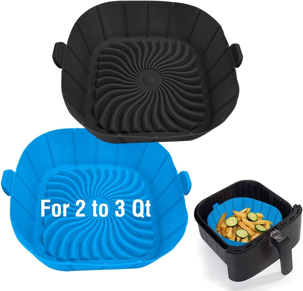 Air Fryer Silicone Liners for 2 to 3 QT Small Air Fryers, Non-Stick Reusable Air Fryer Liners Silicone Pot Basket Bowl Liner Baking Tray Air Fryer Accessories 2 Pack Square Air Fryer Liners