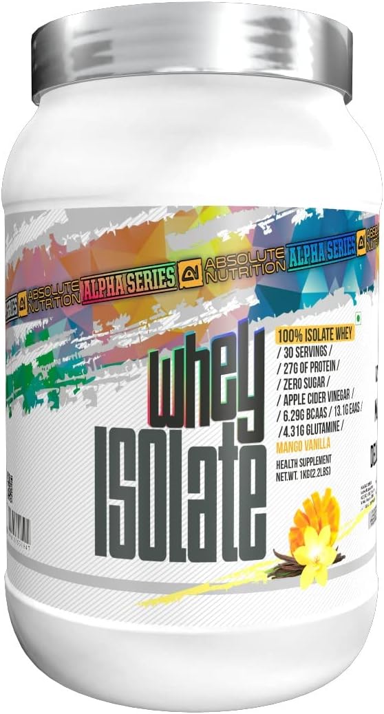 Absolute Nutrition’s Alpha Whey Isolate Protein 1 KG (Mango Vanilla), 100% Whey Protein Isolate, 27g protein, Improves Strength Muscle Recovery, Dope Free,Gluten Free, Zero Sugar