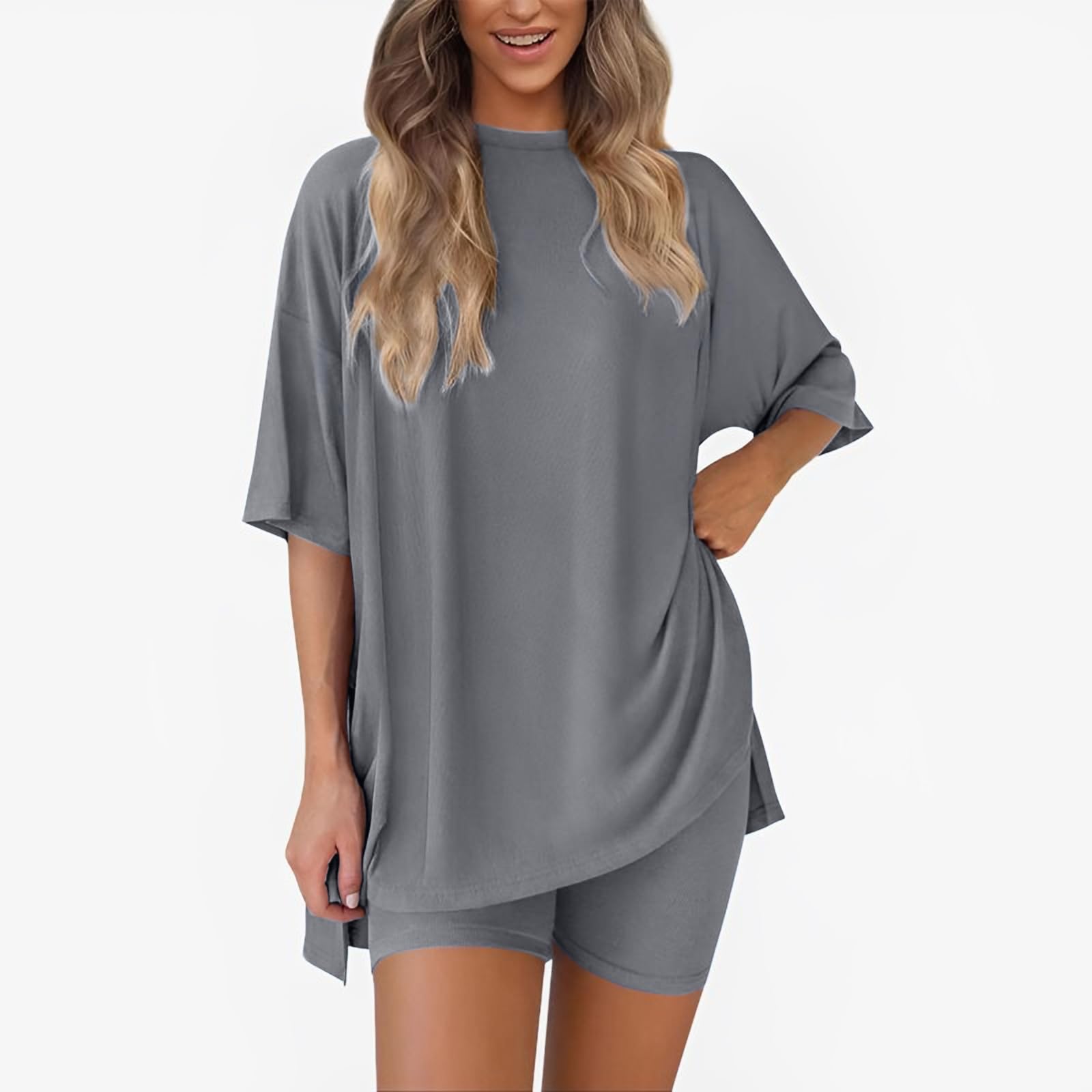 Conjunto de descanso de dos piezas para mujer, camisas casuales de verano de gran tamaño, traje de viaje — view 12