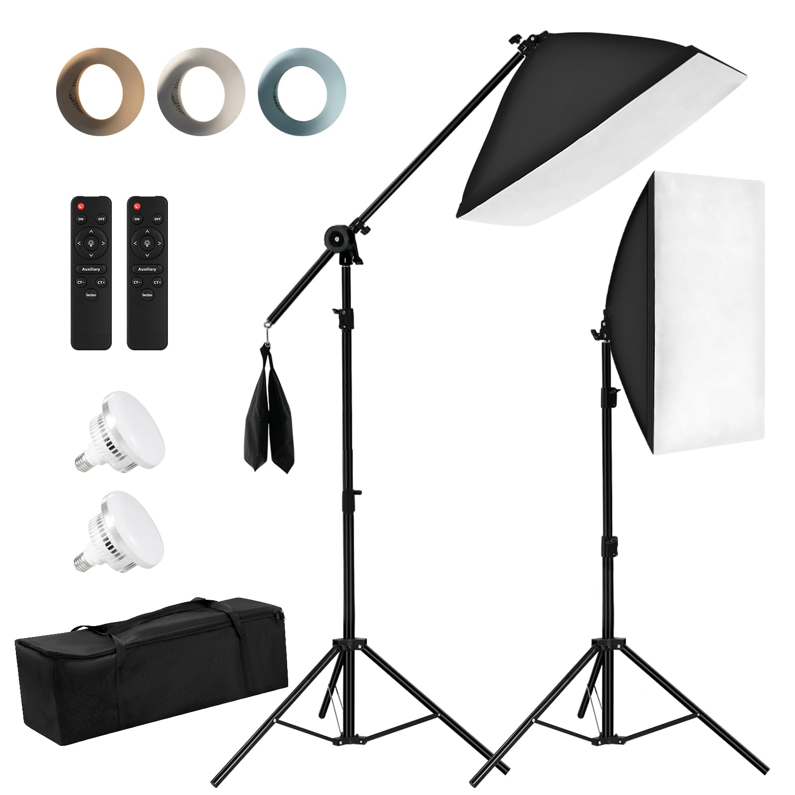 Boîte à Lumière Niceveedi 50 x 70 cm, Kit D'éclairage Photographique avec Trépied de 203 cm et Perche de 150 cm, Softbox Vidéo 85 W avec Ampoule 2700K-6500K, pour Enregistrement vidéo (2-Pack)