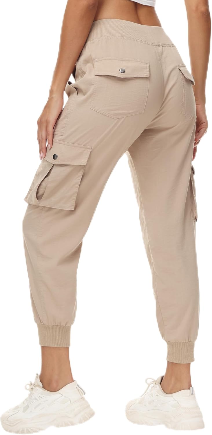 Women's Cargo Hiking Pants Quick Dry Lightweight Elastic Waist Button Pockets Joggers Athletic Sweatpants Travel Casual