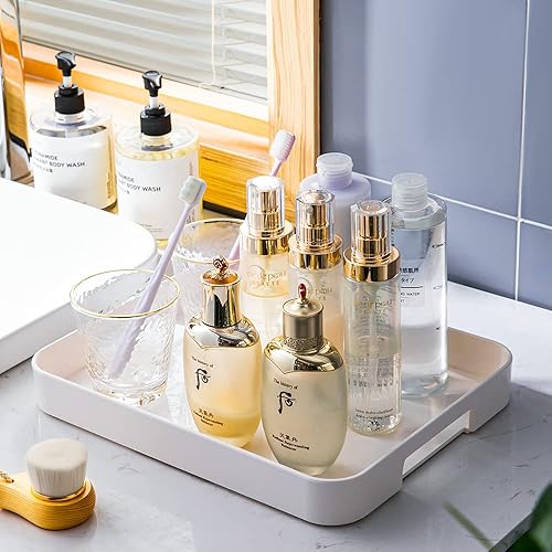 Miniatura 4 de Bandeja de plástico para servir con asas rectangular en color blanco de 12.99 x 10.24 pulgadas, bandeja de desayuno reutilizable, para alimentos,