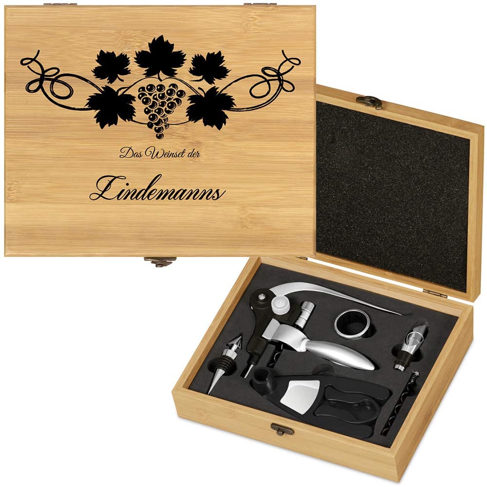 Maverton Weinöffner-Set personalisiert Weinset Sommelier Set - Geschenkbox Holzbox + 6er Weinzubehörset - aus Bambus - Braun - Geschenk Hochzeit Hochzeitstag Paar - Weihnachtsgeschenke - Weintraube