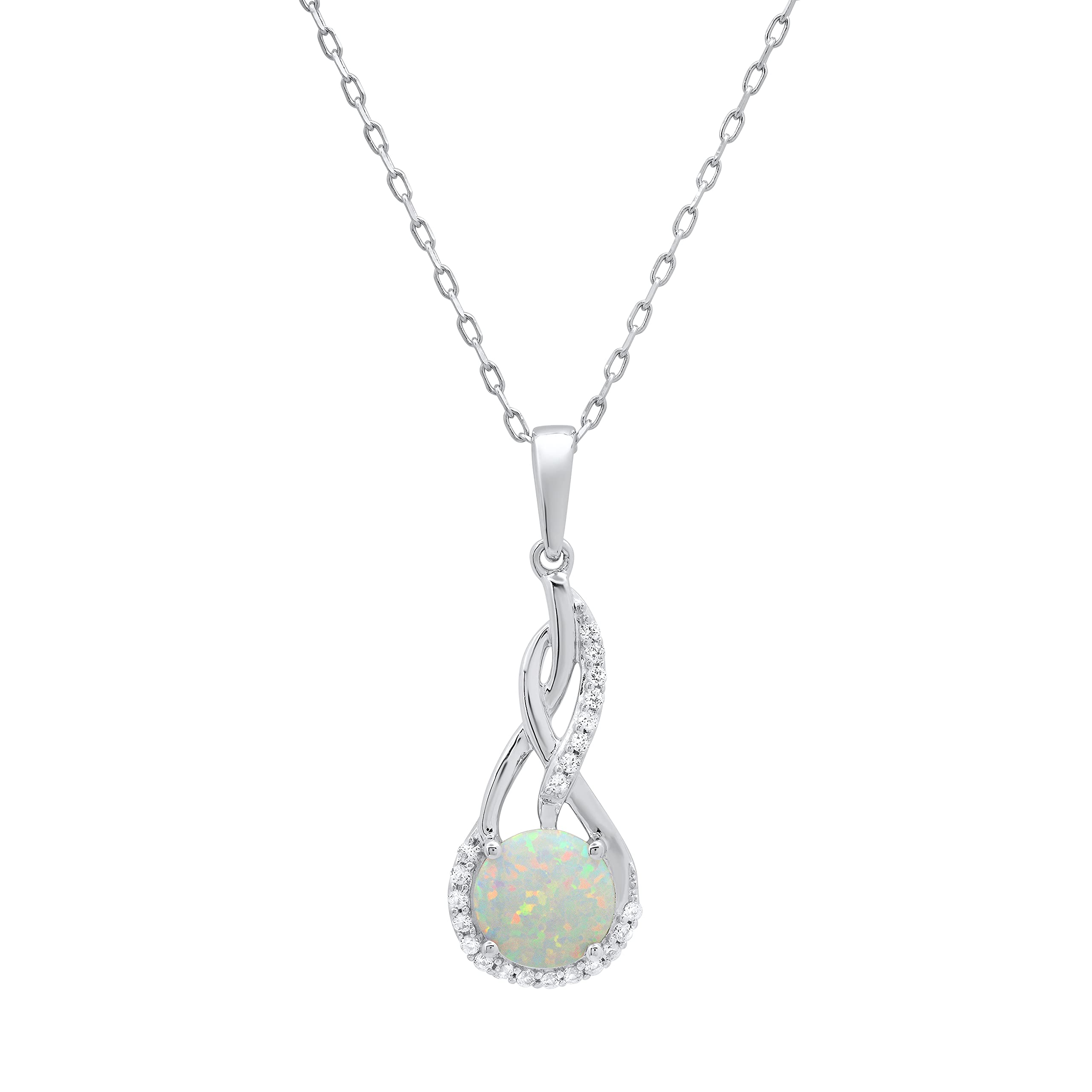 DazzlingRock Collection6.5 mm Solitaire Round Lab Created Opal & White Sapphire Ladies Double Split Swirl Infinity Teardrop Pendant, 925 Sterling Silver