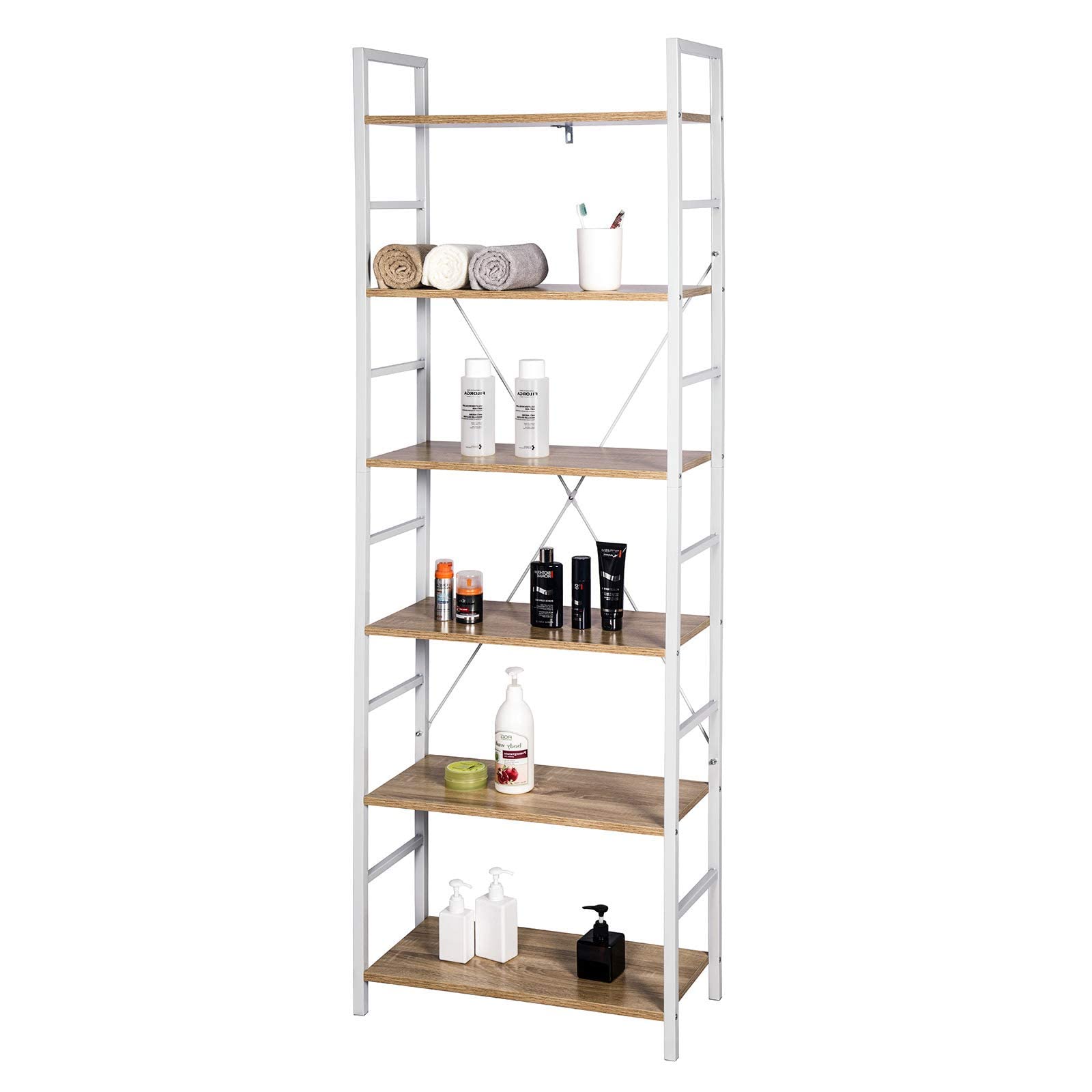 eSituro Scaffale Libreria Portaoggetti in Acciaio Scaffale Vintage Industriale a 6 Ripiani Scaffalatura Multifunzionale per Cucina Soggiorno Rovere chiaro+Bianco SSTR0046