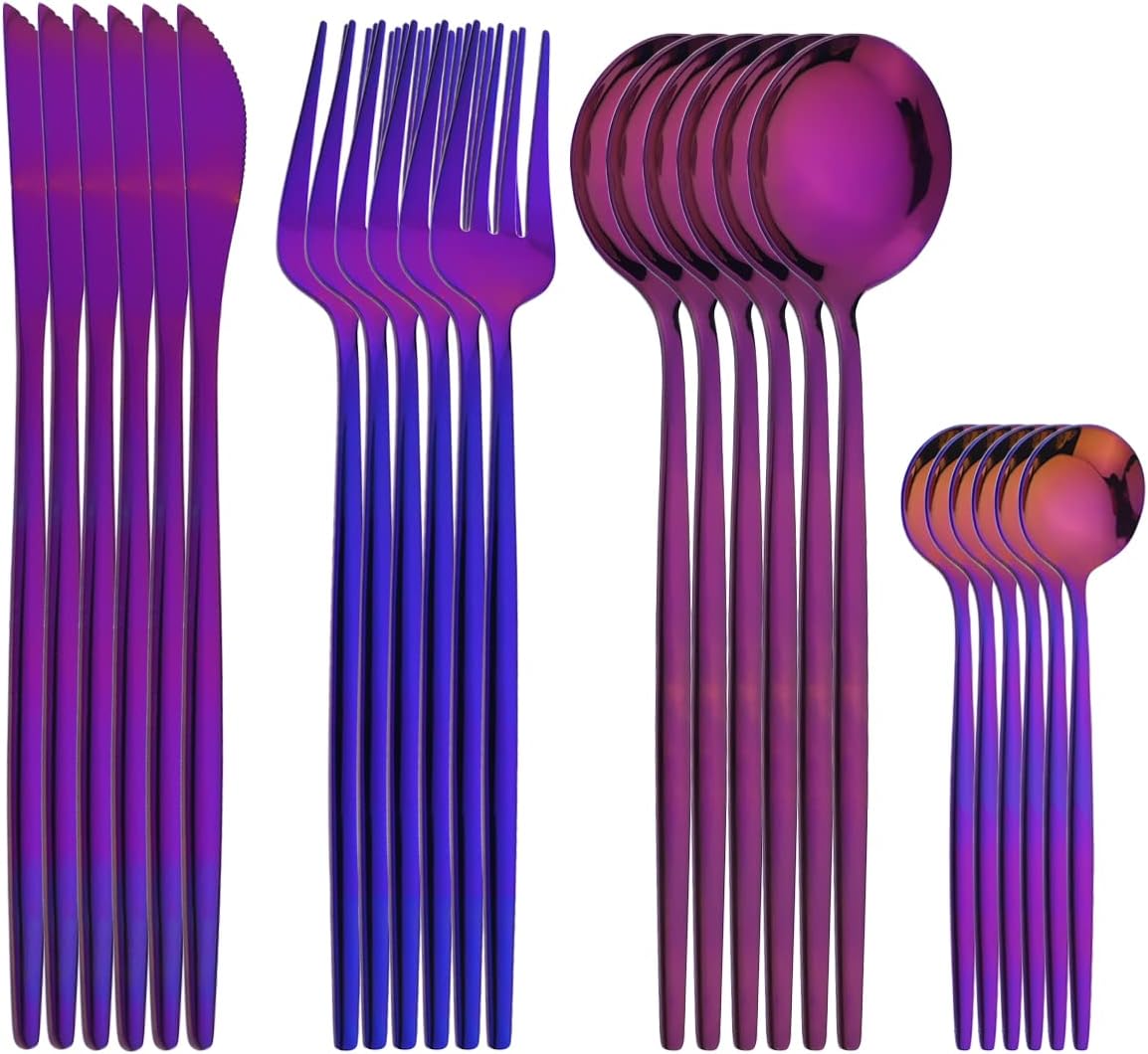 Gugrida 24pcs Dinnerware Set Stainless Steel Tableware Set Knife Fork Spoon Flatware Set Dishwasher Safe Silverware Cutlery Set Kitchen Accessorie Mirror Polish Champagne Gold-A