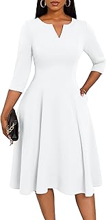 Midi Dresses for Women A-Line Fit and Flare Dress 3/4 Sleeve V Neck Cock...
