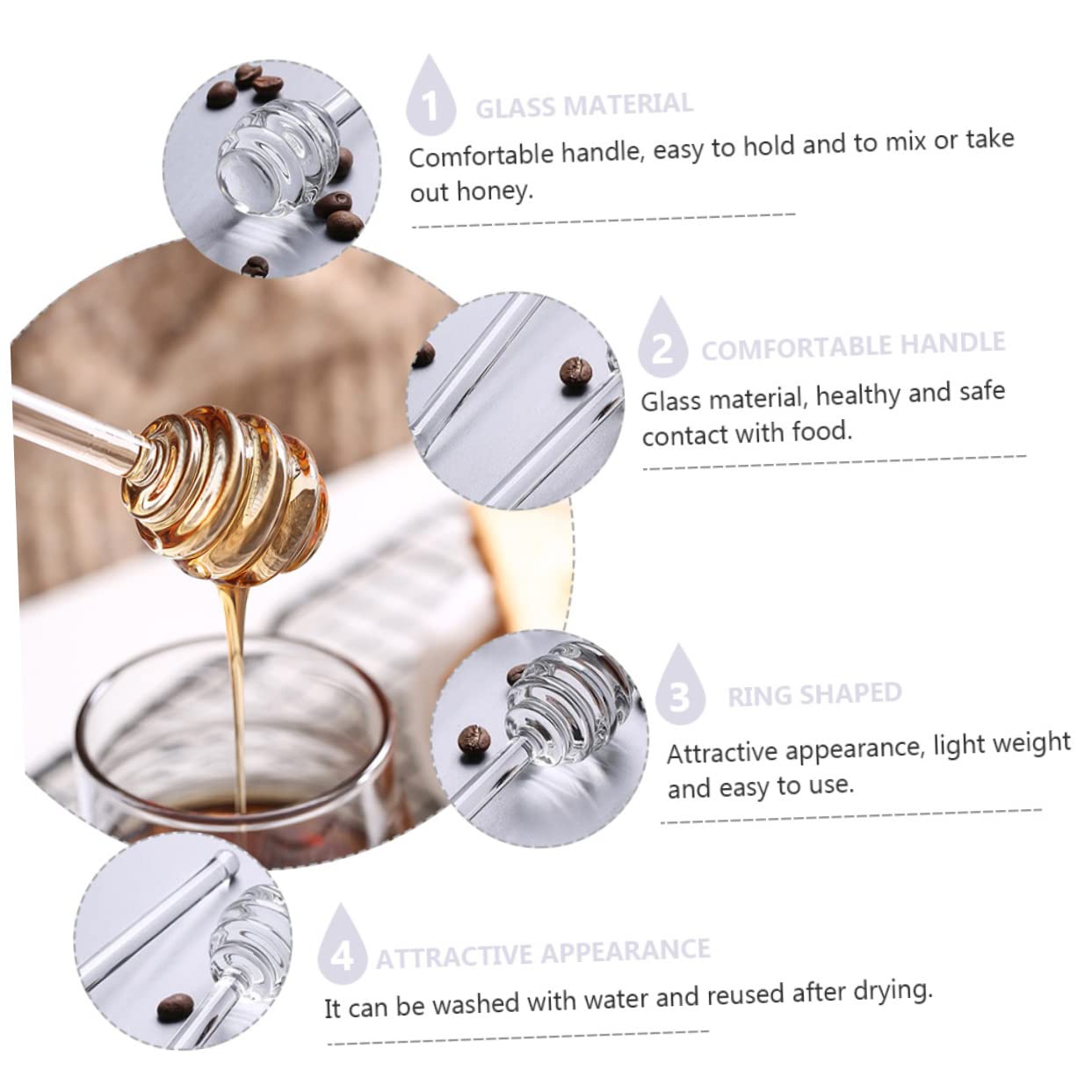 Unomor 2pcs Honey Stirrer Honey Spatula Coffee Mixer Stick Caramel Coffee Syrup Syrups for Coffee Drinks Honey Jar Dipper Syrups for Drinks Coffee Mixing Stick Glass Transparent re-usable