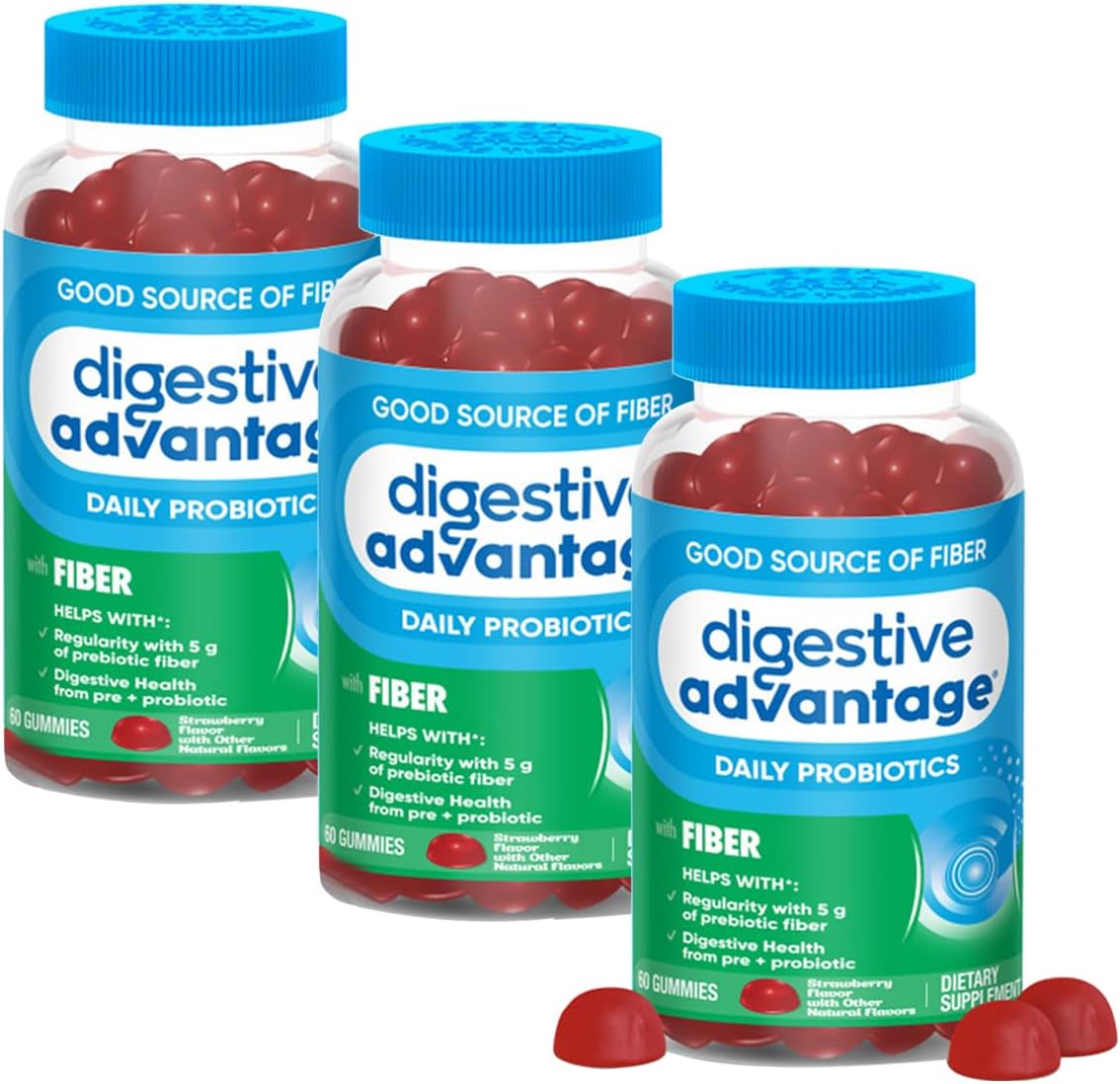 Prebiotic Fiber Supplement Strawberry Flavor Gummies with Probiotics for Women & Men Digestive Health, Adults Regularity and Gut Health, 60 Count (3 Pack)
