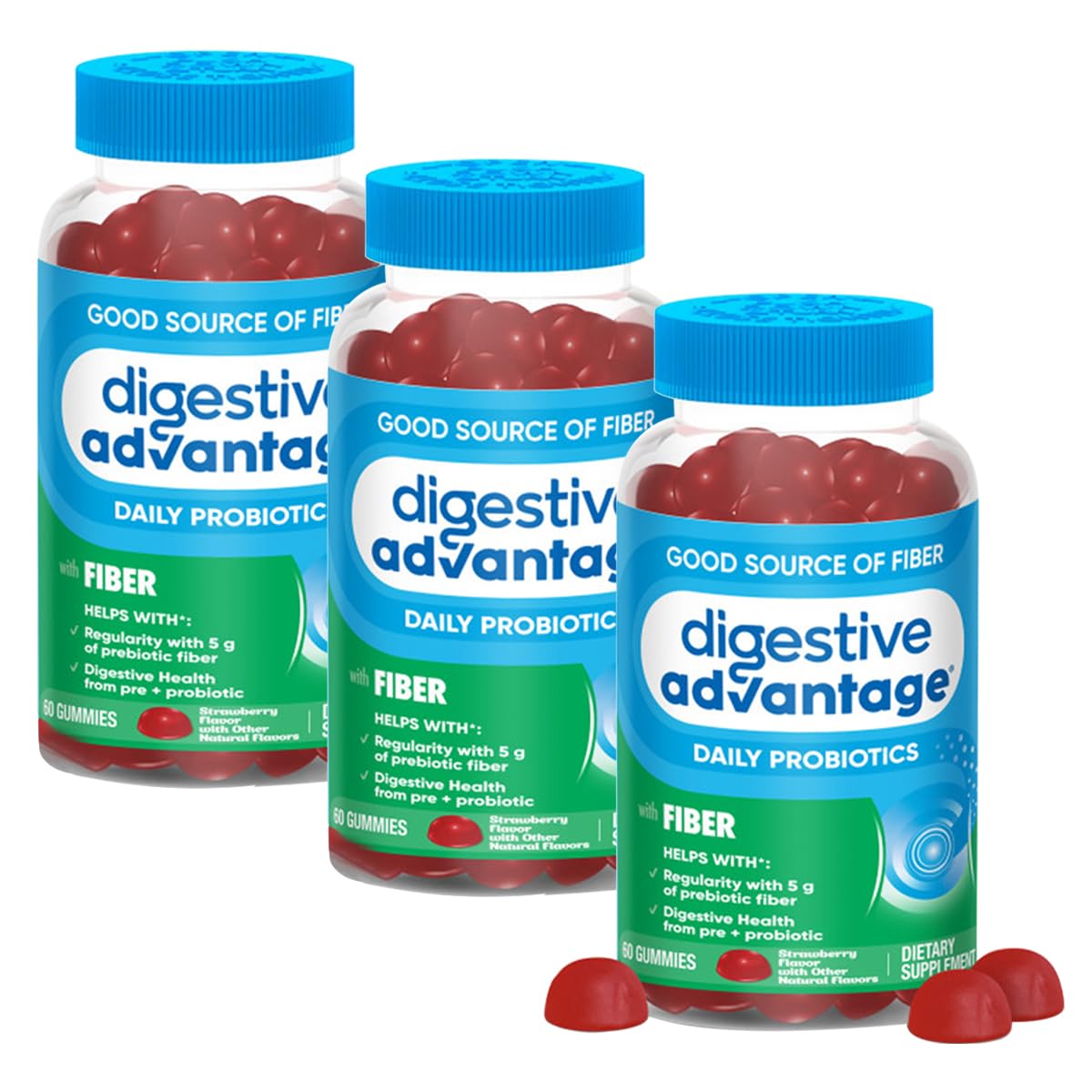Digestive Advantage Prebiotic Fiber Supplement Strawberry Flavor Gummies with Probiotics for Women & Men Digestive Health, Adults Regularity and Gut Health, 60 Count (3 Pack)