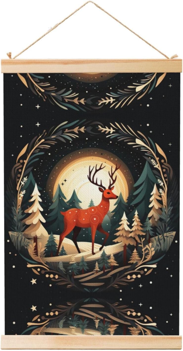 Merry Christmas Deer Print Poster Hanger,Hanging Poster, Poster Frame,Wood Poster Hanger, For Wall Hanging