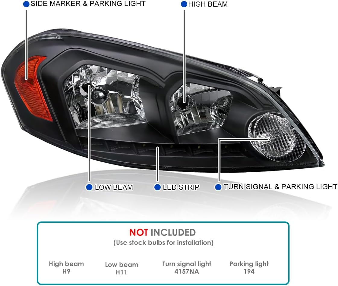 SPEC-D TUNING Black Clear SMD Led Headlights Compatible with 2006-2013 Chevy Chevrolet Impala, 2006-2007 Monte Carlo, 2014-2016 Impala Limited, L+R Pair Head Light Lamp Assembly
