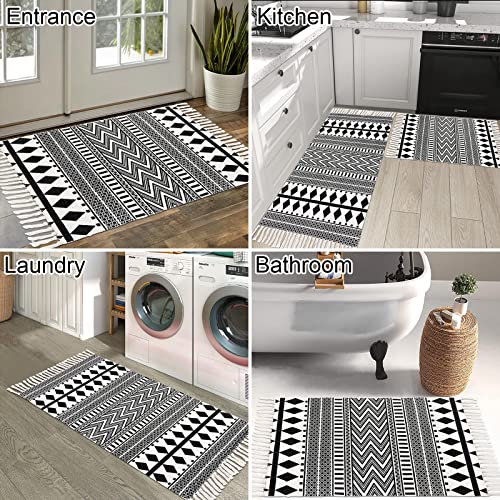 Hebe Cotton Area Rug Set 2 Piece 2'X3'+2'X4.2' Black And Cream Tribal Accent Rug With Tassels Boho Area Runner Rugs Throw Rug For Hallway, Entryway, Bathroom,Kitchen Floor, Laundry Room #TOP4