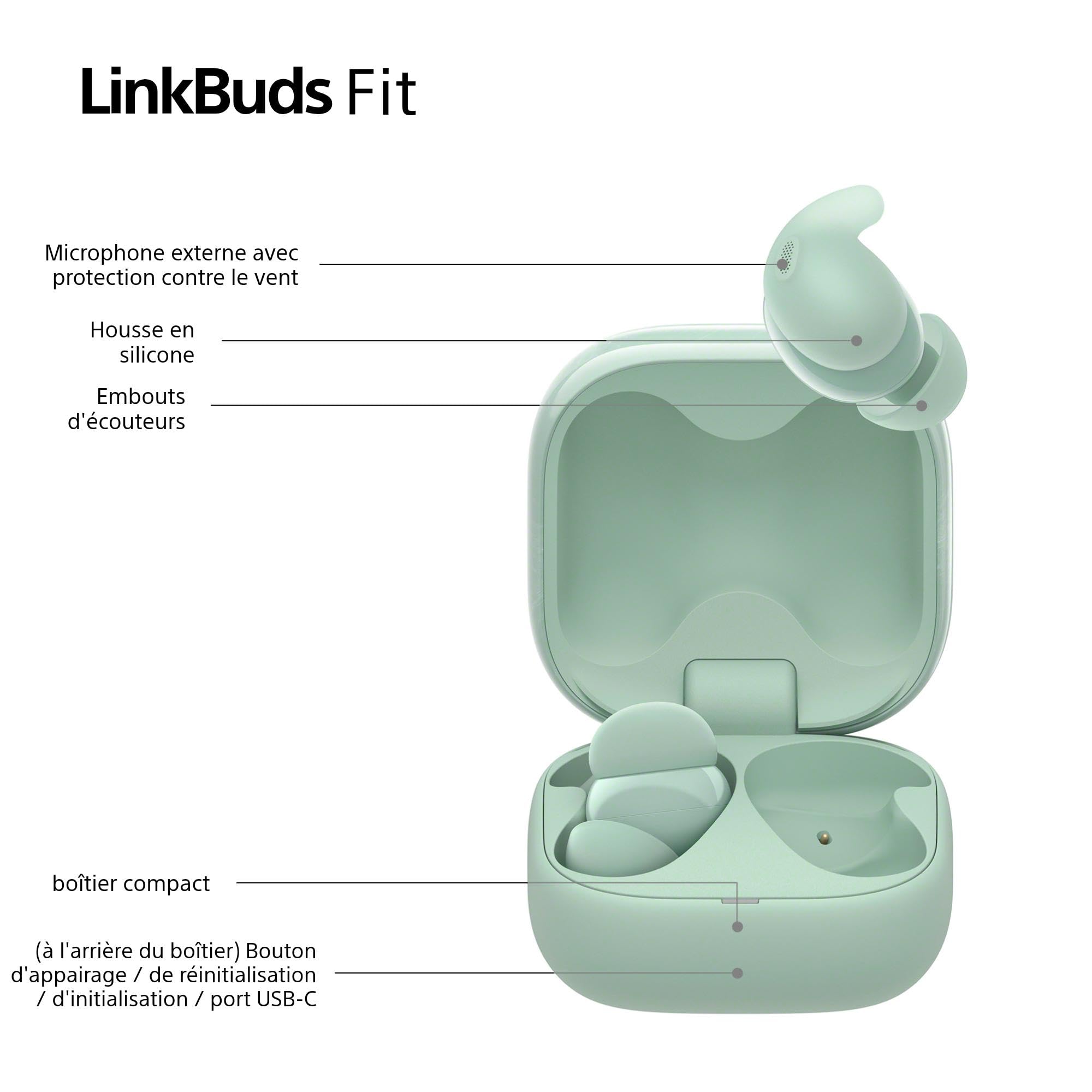Sony LinkBuds Fit - Ecouteurs Bluetooth sans Fil à réduction de Bruit - Confortables, IPX4, Hi-Res Audio, Mode Ambient Sound, 21h d'autonomie, Connexion multipoint, iOS et Android - Vert