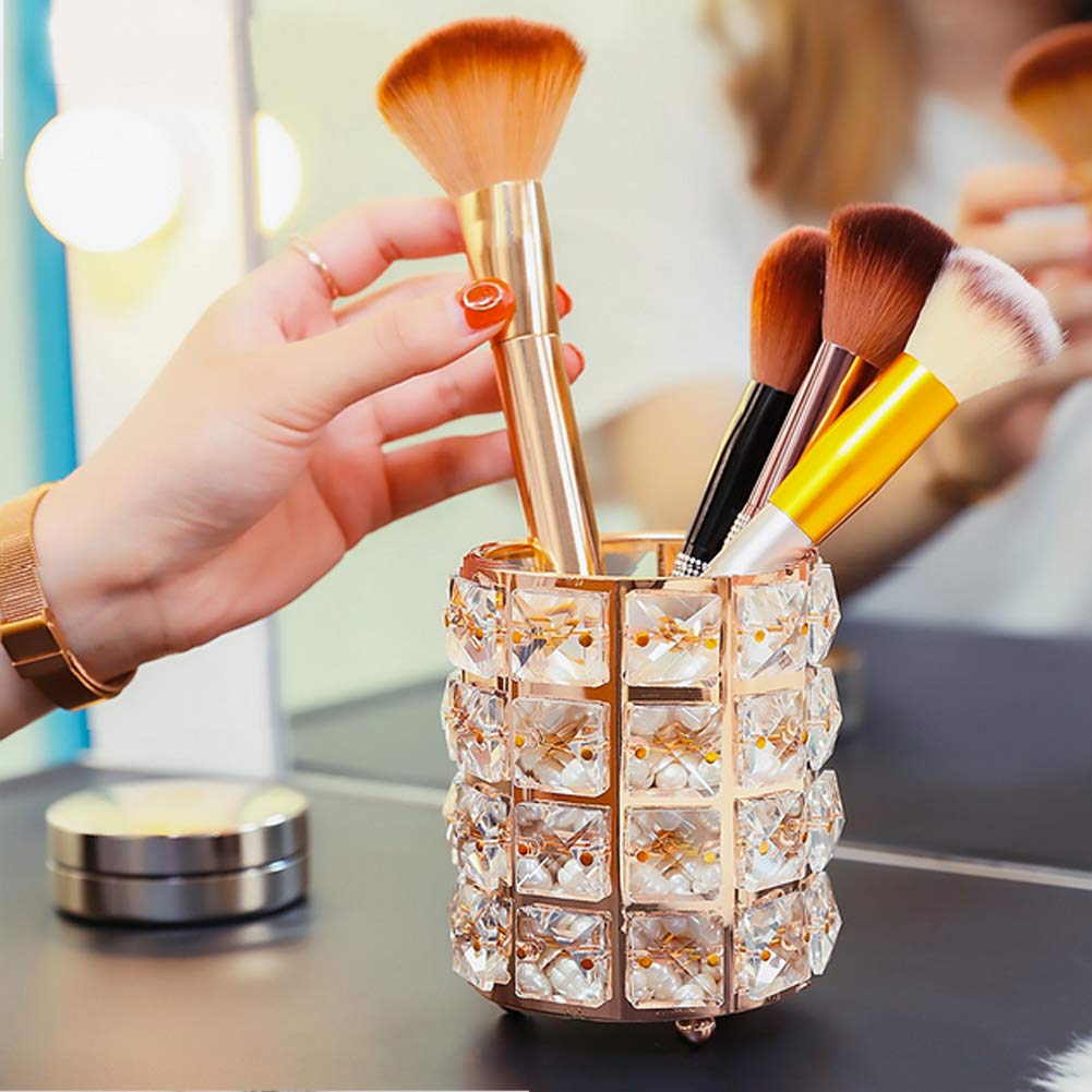 Tasybox Crystal Makeup Brush Holder Organizer, Handcrafted Cosmetics Brushes Cup Storage Solution (Gold)