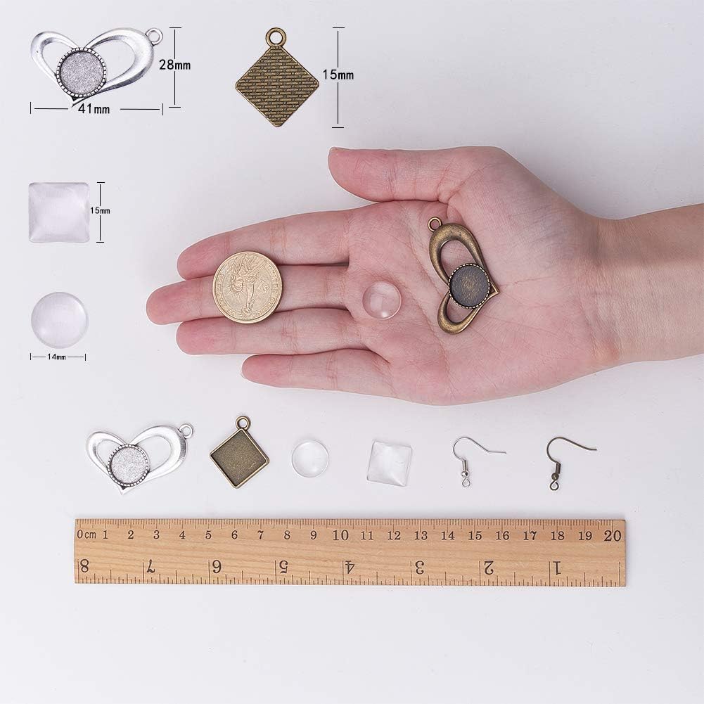 SUNNYCLUE 1 Box DIY 12 Pairs Heart Square Valentine's Cabochon Earrings Making Kits Round Square Dangle Tray Earring Settings, 14mm 15x15mm Clear Glass Dome Cabochons for Handmade Earrings Beginner