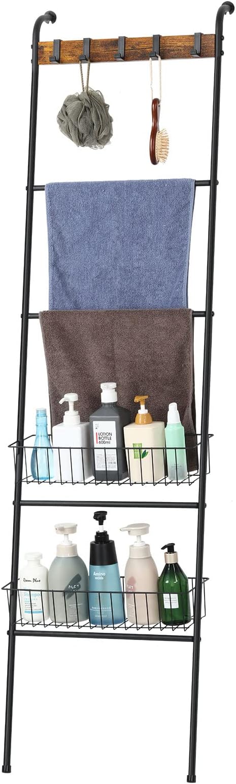 Blanket Ladder Shelf with Storage Baskets 5 Tier Metal Towel Blanket Rack Wall Leaning Decorative Towel Ladder with Removable Hooks for Bathroom Living Room Bedroom,Black