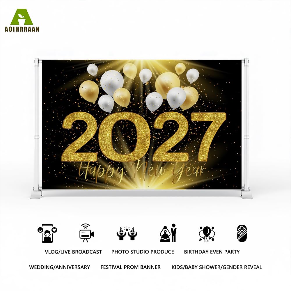 Aoihrraan Capodanno Sfondo 4,5x3m Dorati Palloncini Accessori Fotografici | 2027 Particelle Glitterate Oro Fotografia, Stampa Nitida E Vivida, Per Festività Ritratti Di Famiglia Compleanni Anniversari