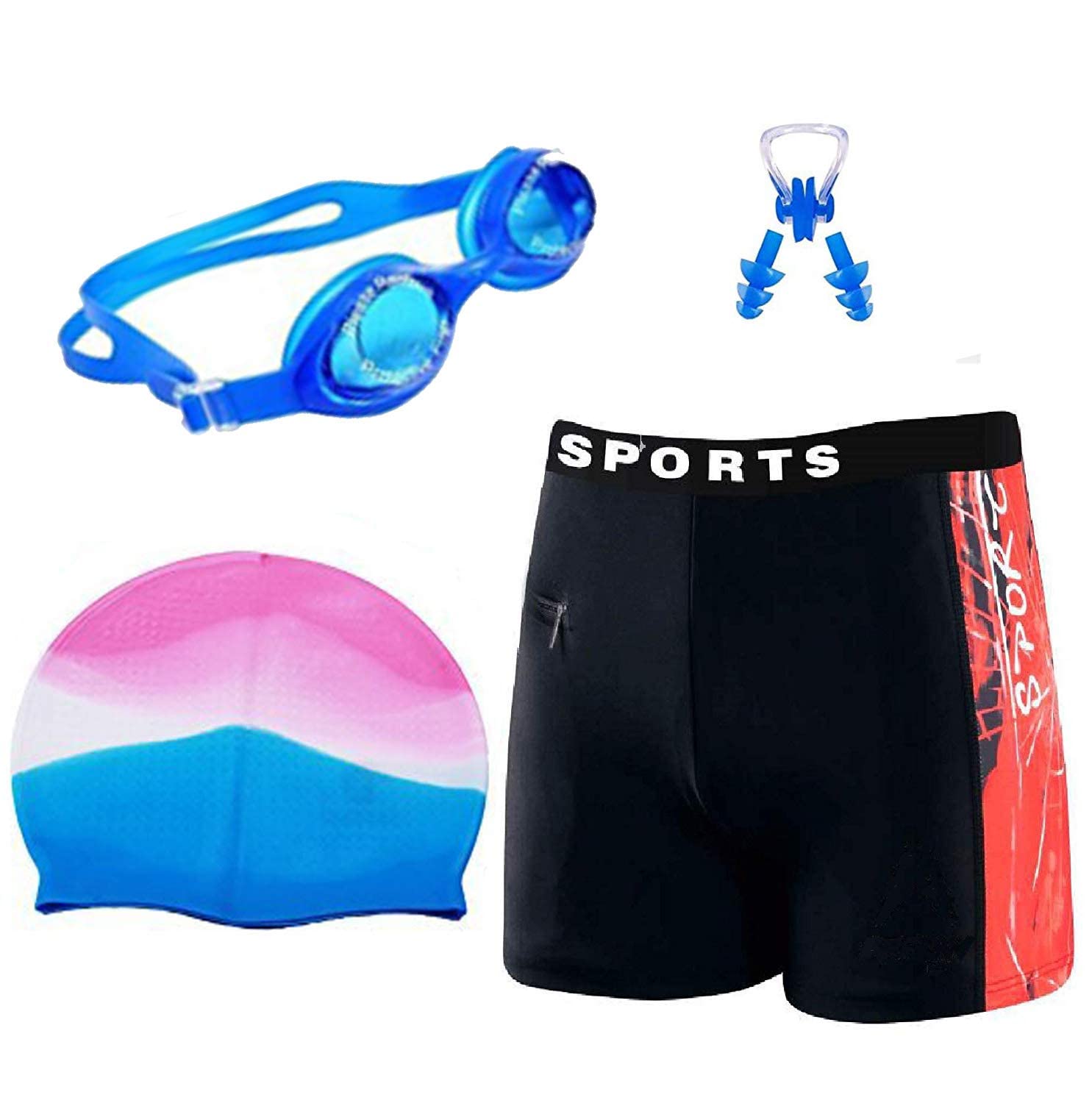DRAUSSSwimming Combo Kit Regular Fit - 28in to 34in| Goggles, Silicone Cap, 2Pc Ear Plugs, 1 Pc Nose Clip, Swimming Suit- Multicolor
