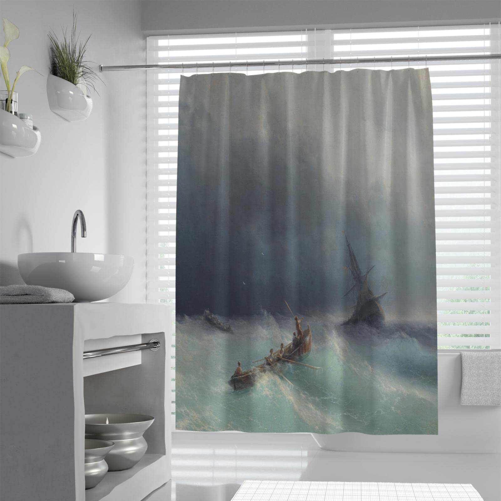 Ensembles de rideaux de Douche Blue Sea Avec crochets Rideaux de Douche en Tissu de Polyester imperméable Gris Ciel La tempête Sur la mer par Ivan Aivazovsky 180Bx275Lcm