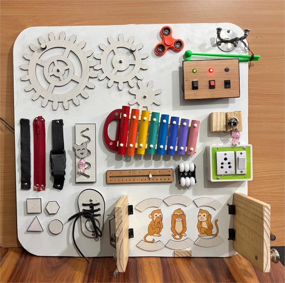 Image of Large Montessori Busy Board for Children Ages 1 to 5 Old, Wooden Sensory Toys a Fidget Activity Board for Boys and Girls in toddlerhood, with 20 Activities Size 24 x 24 inch