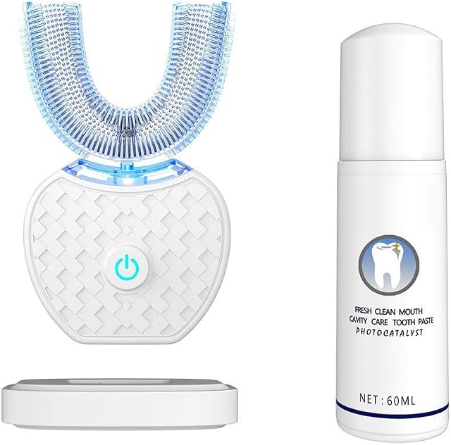 Ultrasonic Automatic Toothbrush,360° Ultrasonic Tooth Clean Brush Electric Toothbrush and Teeth whitening kit 30'' Automatic Timer, Wireless Charging Toothbrush Washable Travel Home Dual-use (White)