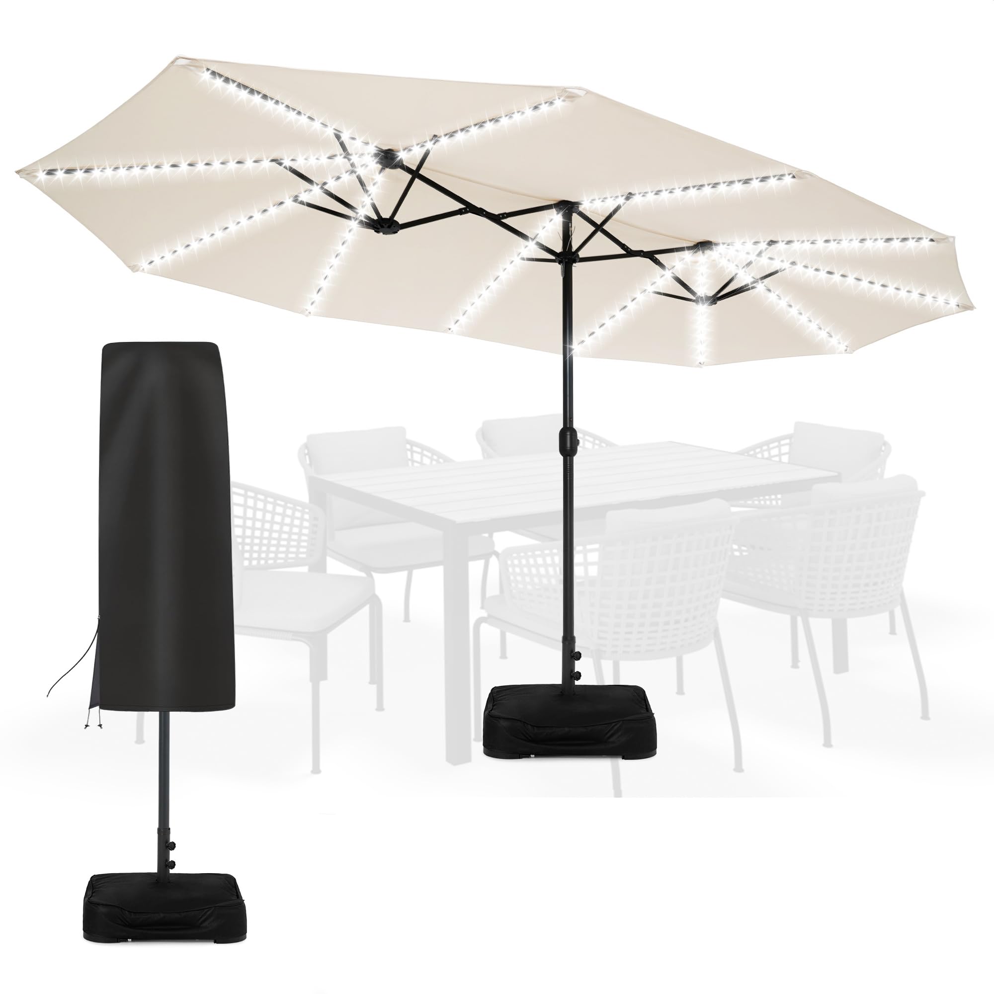 Photo 1 of Sundale Outdoor Solar 144 LED 15 ft Patio Umbrella with Sandbag Base Included and Cover, Outdoor Double-Sided Umbrella with Lights, Beige
