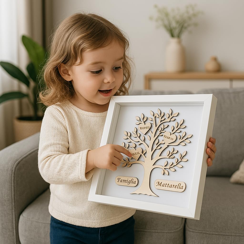Stileitaliano Quadro Personalizzato Albero della Vita in Legno con Cornice, Regalo Famiglia con Nomi Incisi, Decorazione da Parete o Tavolo, Bianco